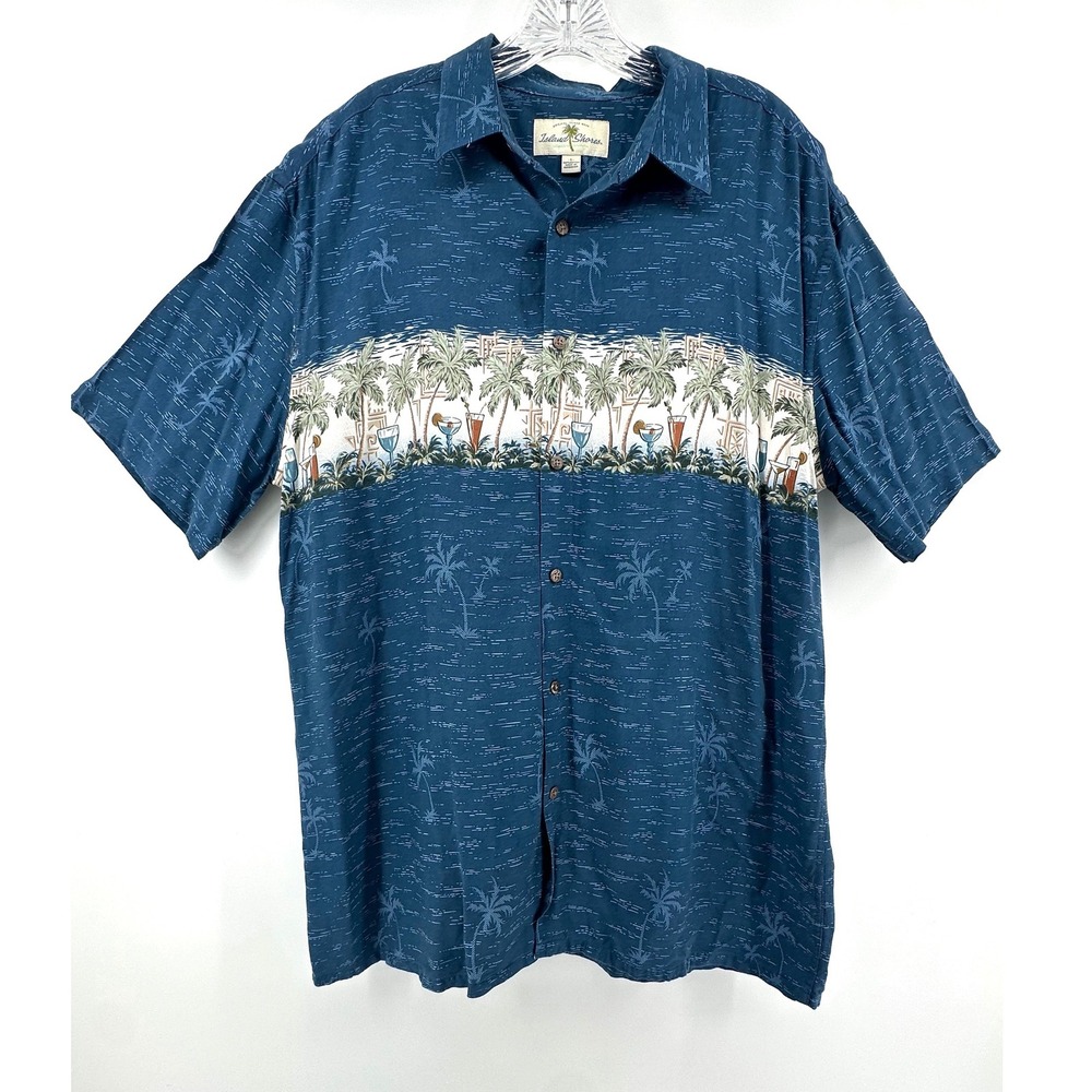 Island Shores Mens Large Blue Rayon Tropical Palm Tree Cocktail Hawaiian Shirt